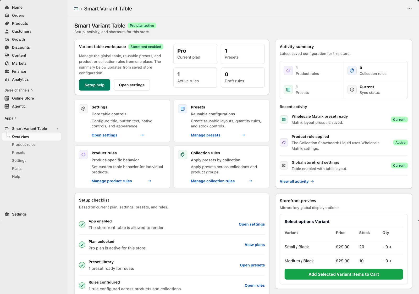 Smart Variant Table Pro overview dashboard showing workspace shortcuts, activity summary, setup checklist, and storefront preview